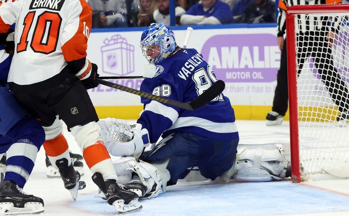 Nov 24, 2025; Tampa, Florida, USA; Tampa Bay Lightning goaltender Andrei Vasilevskiy (88) defends the puck against the Philadelphia Flyers during the second period at Benchmark International Arena. Mandatory Credit: Kim Klement Neitzel-Imagn Images