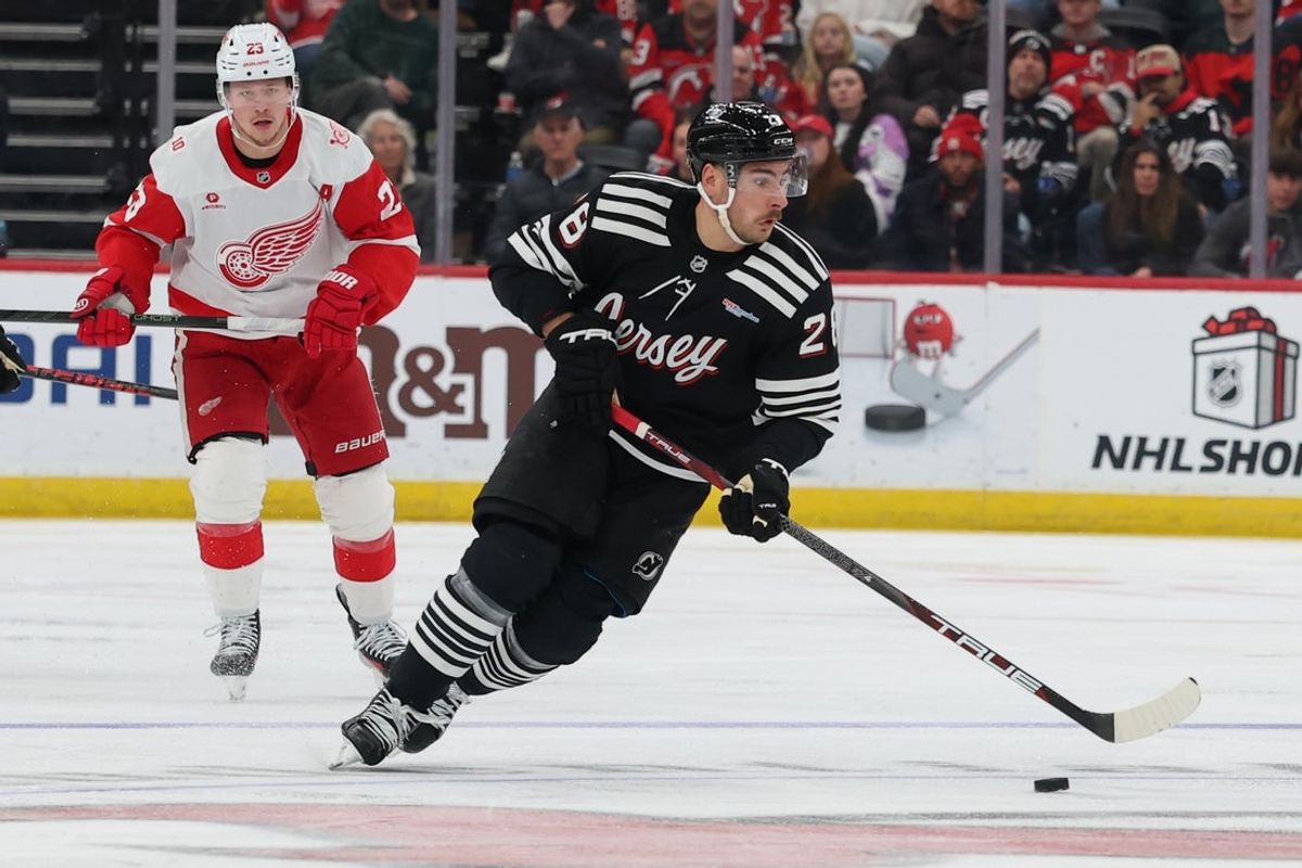 Nov 24, 2025; Newark, New Jersey, USA; New Jersey Devils right wing Timo Meier (28) skates with the puck against the Detroit Red Wings during the second period at Prudential Center. Mandatory Credit: Ed Mulholland-Imagn Images