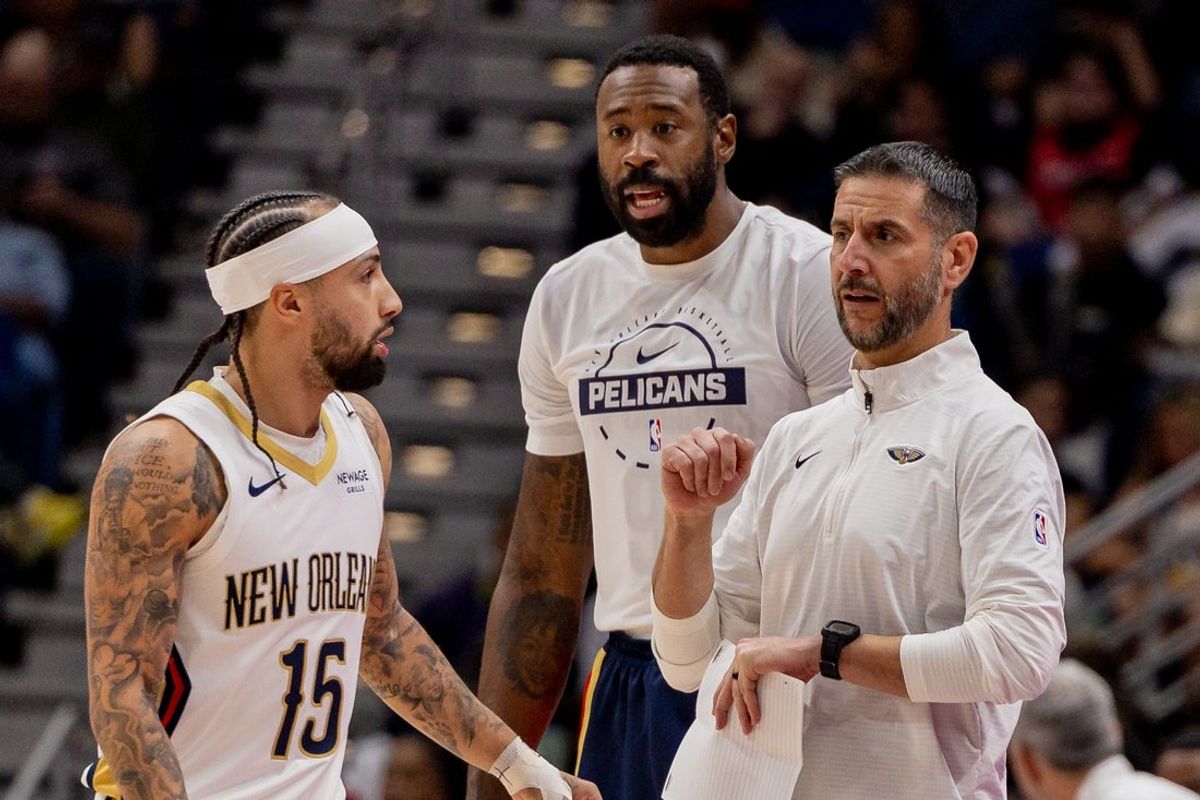 Nov 24, 2025; New Orleans, Louisiana, USA;  New Orleans Pelicans interim Head Coach James Borrego during a time out against the Chicago Bulls during the first half at Smoothie King Center. Mandatory Credit: Stephen Lew-Imagn Images