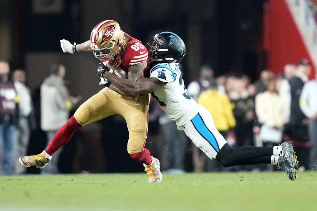 Nov 24, 2025; Santa Clara, California, USA; San Francisco 49ers tight end George Kittle (85) makes a catch against the Carolina Panthers during the first half at Levi's Stadium. Mandatory Credit: Kyle Terada-Imagn Images