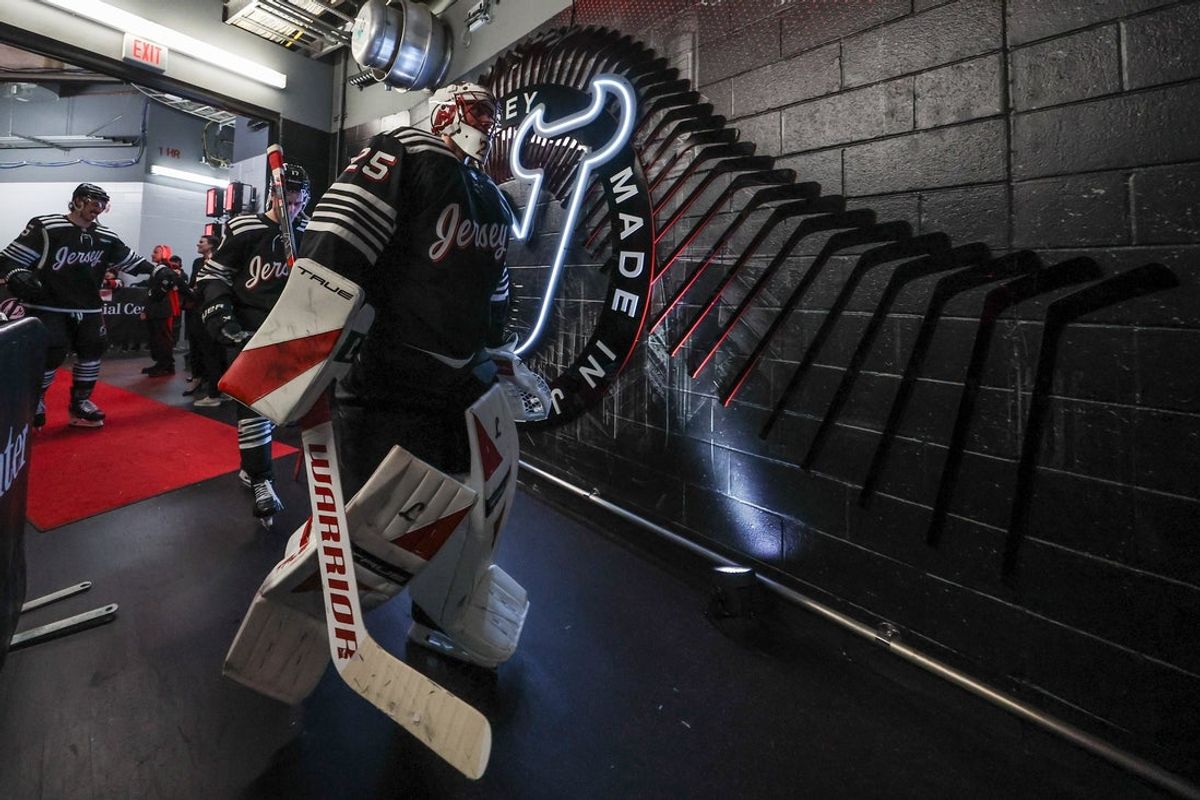 Nov 24, 2025; Newark, New Jersey, USA; New Jersey Devils goaltender Jacob Markstrom (25) walks to the locker room after the New Jersey Devils win over the Detroit Red Wings at Prudential Center. Mandatory Credit: Ed Mulholland-Imagn Images