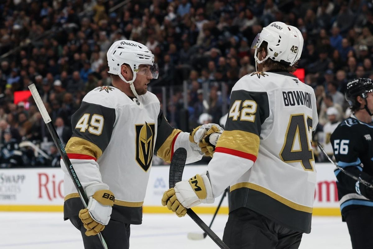 Nov 24, 2025; Salt Lake City, Utah, USA; Vegas Golden Knights left wing Ivan Barbashev (49) celebrates scoring a goal against the Utah Mammoth with right wing Braeden Bowman (42) during the second period at Delta Center. Mandatory Credit: Rob Gray-Imagn Images