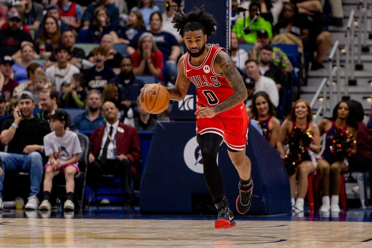 Nov 24, 2025; New Orleans, Louisiana, USA;  Chicago Bulls guard Coby White (0) brings the ball up court against the New Orleans Pelicans during the second half at Smoothie King Center. Mandatory Credit: Stephen Lew-Imagn Images