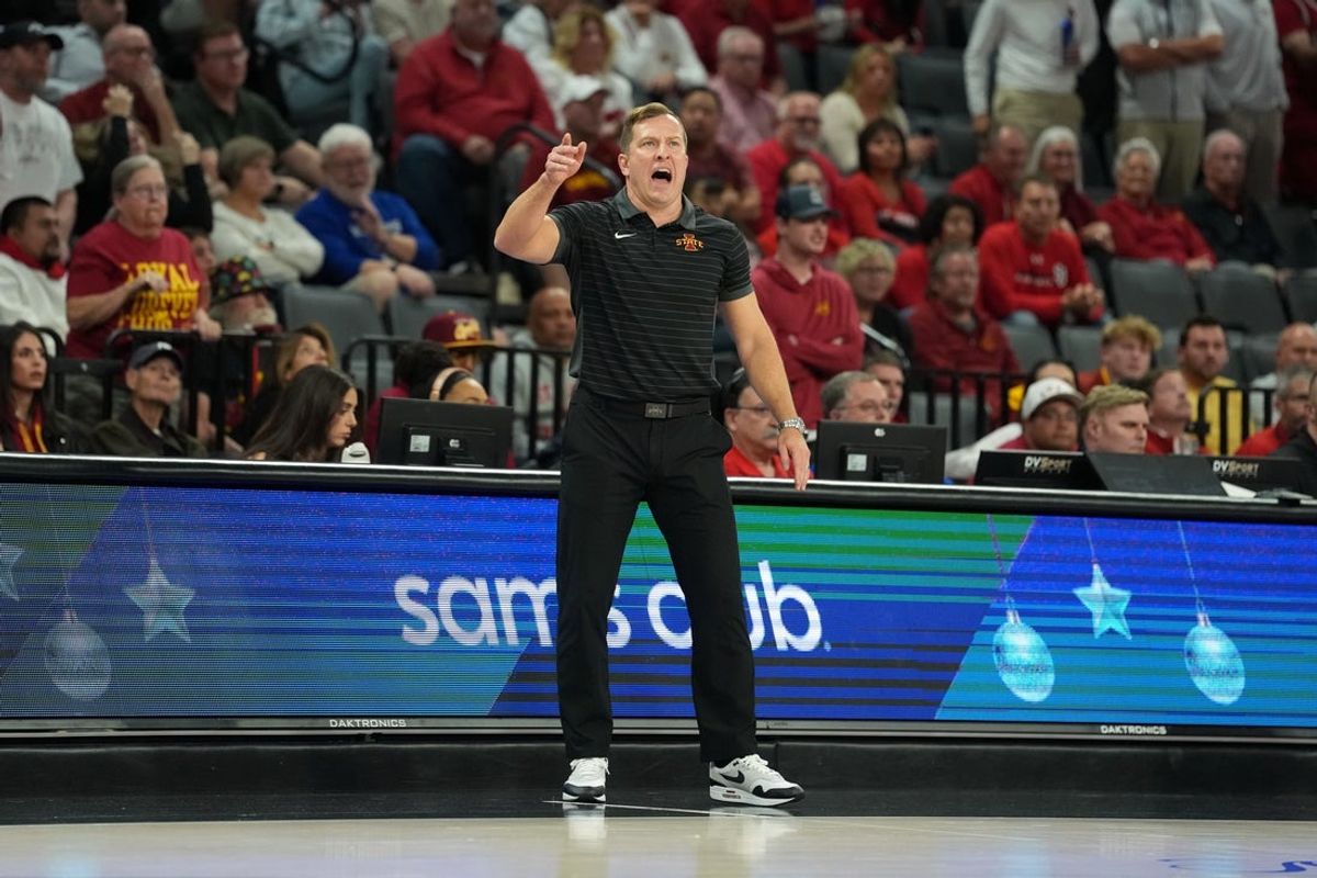 Nov 24, 2025; Las Vegas, Nevada, USA; Iowa State Cyclones head coach T.J. Otzelberger reacts against the St. John's Red Storm in a 2025 Players Era Festival group play game at Michelob Ultra Arena. Mandatory Credit: Kirby Lee-Imagn Images