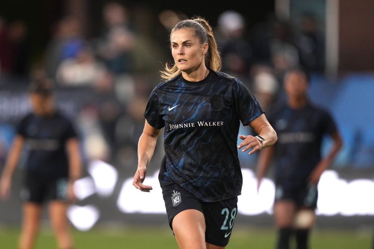 Nov 22, 2025; San Jose, California, USA; Gotham FC forward Katie Stengel (28) before the NWSL championship game against the Washington Spirit at PayPal Park. Mandatory Credit: Darren Yamashita-Imagn Images