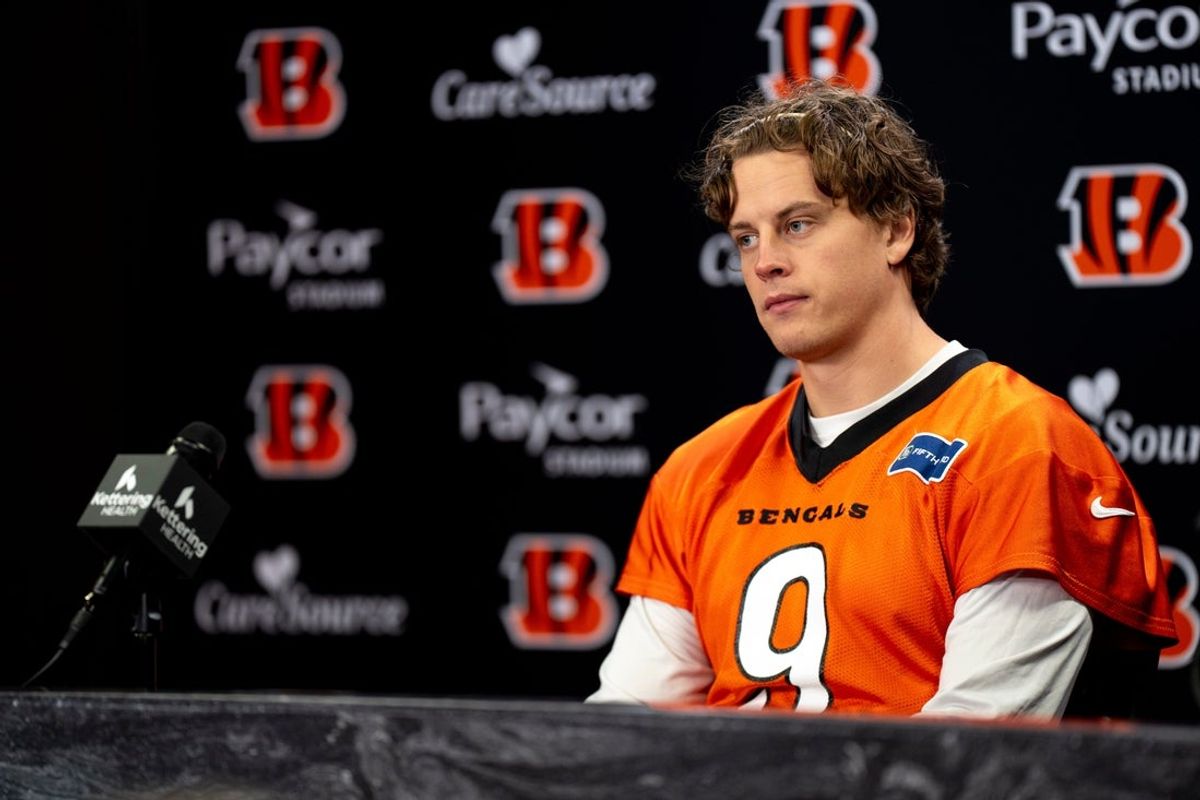 Cincinnati Bengals quarterback Joe Burrow speaks at a press conference at Paycor Stadium in Cincinnati on Nov. 25, 2025.