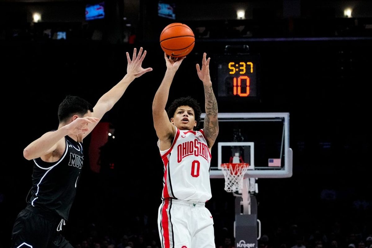 Ohio State Buckeyes guard John Mobley Jr. (0) shoots the ball against the Mount St. Mary's Mountaineers in the first half of the NCAA basketball game at Value City Arena on Tuesday, Nov. 25, 2025 in Columbus, Ohio.