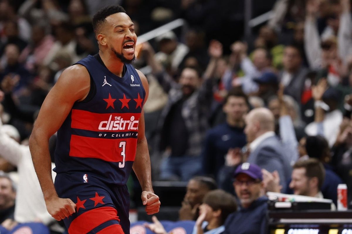 Nov 25, 2025; Washington, District of Columbia, USA; Washington Wizards guard CJ McCollum (3) reacts after making a three point field goal against the Atlanta Hawks in the first half at Capital One Arena. Mandatory Credit: Geoff Burke-Imagn Images