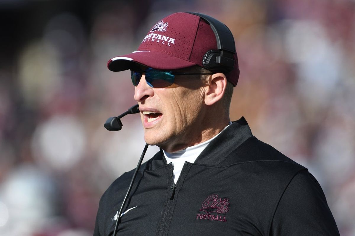 Nov 22, 2025; Missoula, MT, USA; Montana Grizzlies head coach Bobby Hauck looks on during the first half against the Montana State Bobcats at Washington-Grizzly Stadium. Mandatory Credit: Michael Thomas Shroyer-Imagn Images