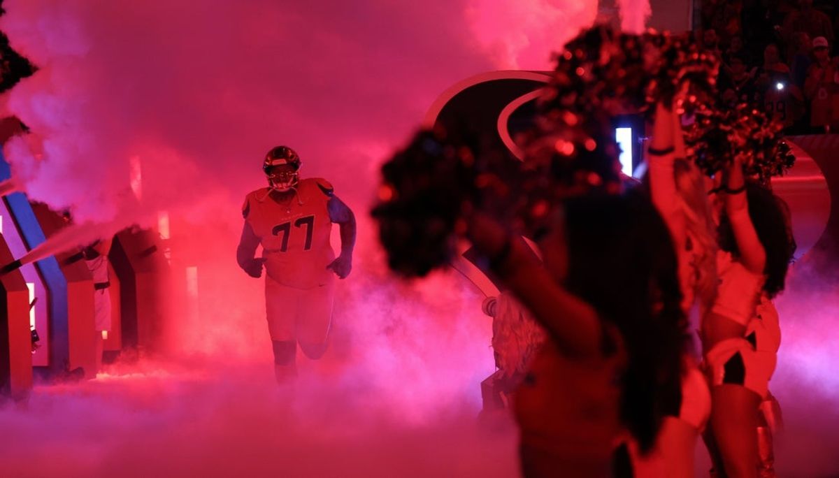 Nov 20, 2025; Houston, Texas, USA; Houston Texans offensive tackle Trent Brown (77) is introduced before playing against the Buffalo Bills at NRG Stadium. Mandatory Credit: Thomas Shea-Imagn Images