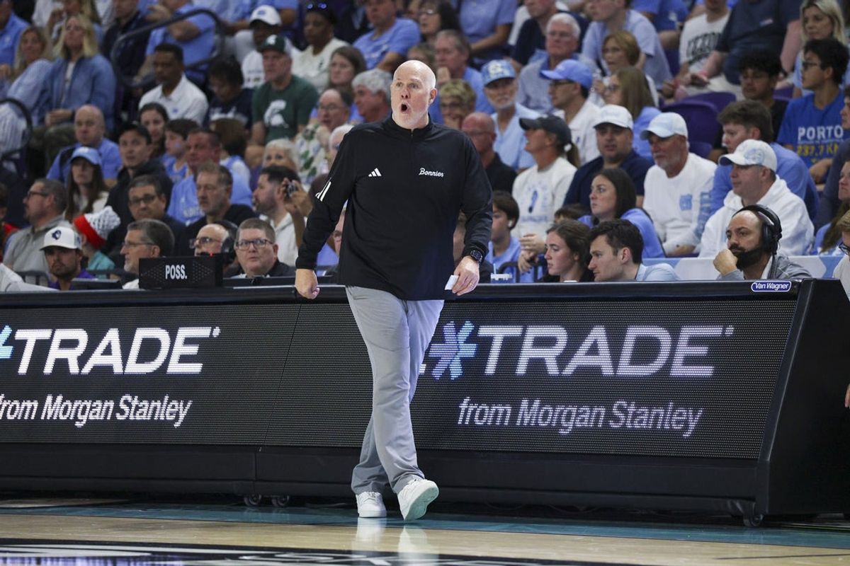 Nov 25, 2025; Fort Myers, Florida, USA; St. Bonaventure Bonnies head coach Mark Schmidt reacts to a play against the North Carolina Tar Heels in the first half at Suncoast Credit Union Arena. Mandatory Credit: Nathan Ray Seebeck-Imagn Images