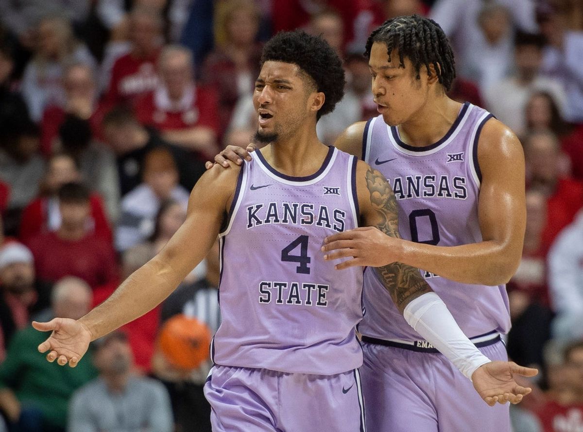 Kansas State's P.J. Haggerty (4) questions a call during the Indiana versus Kansas State men's basketball game at Simon Skjodt Assembly Hall on Tuesday, Nov. 25, 2025.