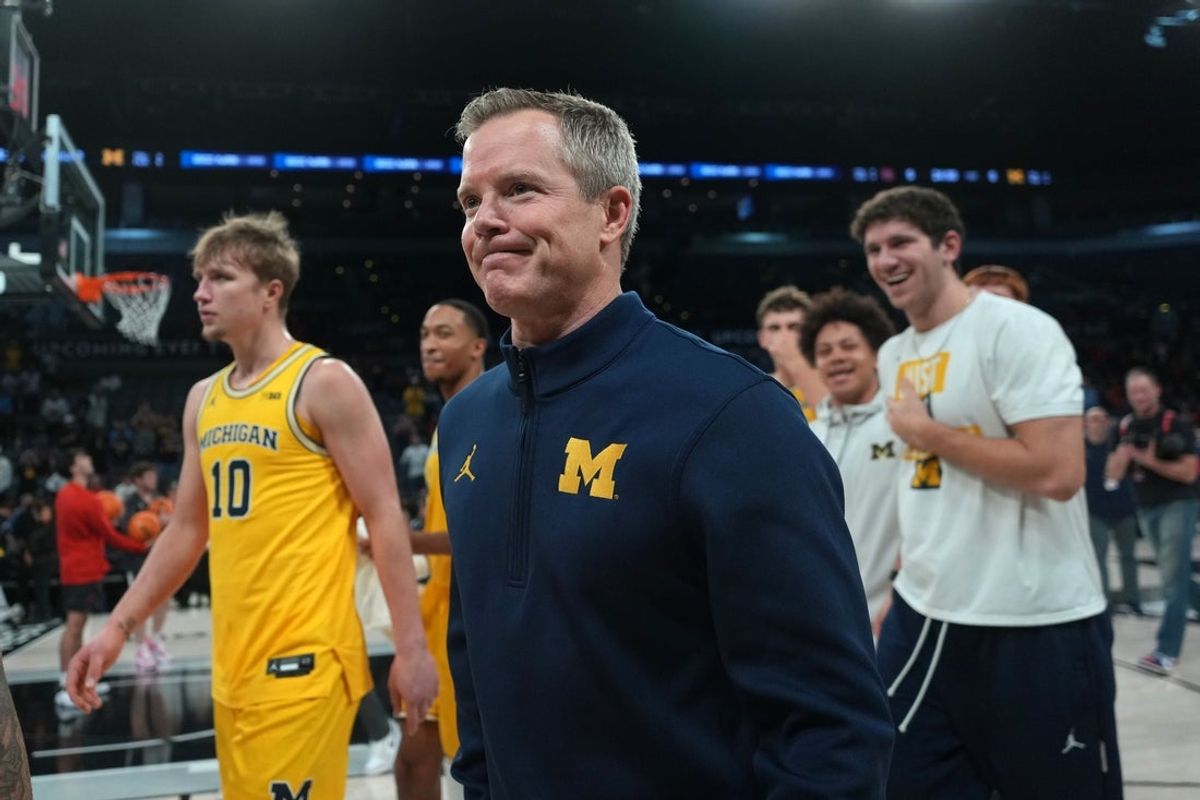Nov 25, 2025; Las Vegas, NV, USA; Michigan Wolverines head coach Dusty May leaves the court after a 2025 Players Era Festival group play game against the Auburn Tigers at Michelob ULTRA Arena. Mandatory Credit: Kirby Lee-Imagn Images
