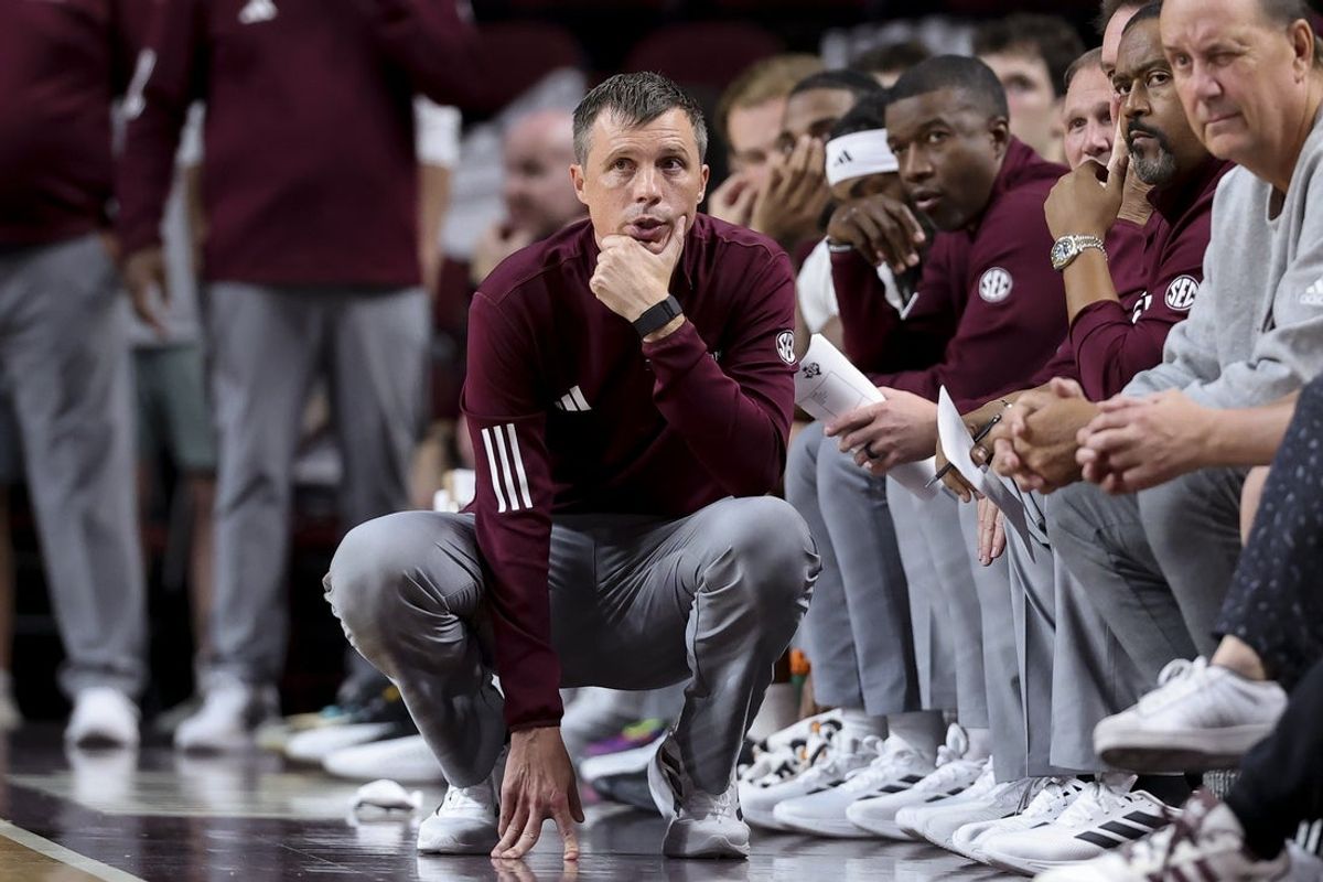 Nov 25, 2025; College Station, Texas, USA; Texas A&M Aggies head coach Bucky McMillan looks on during the second half against the Mississippi Valley State Delta Devils at Reed Arena. Mandatory Credit: Maria Lysaker-Imagn Images
