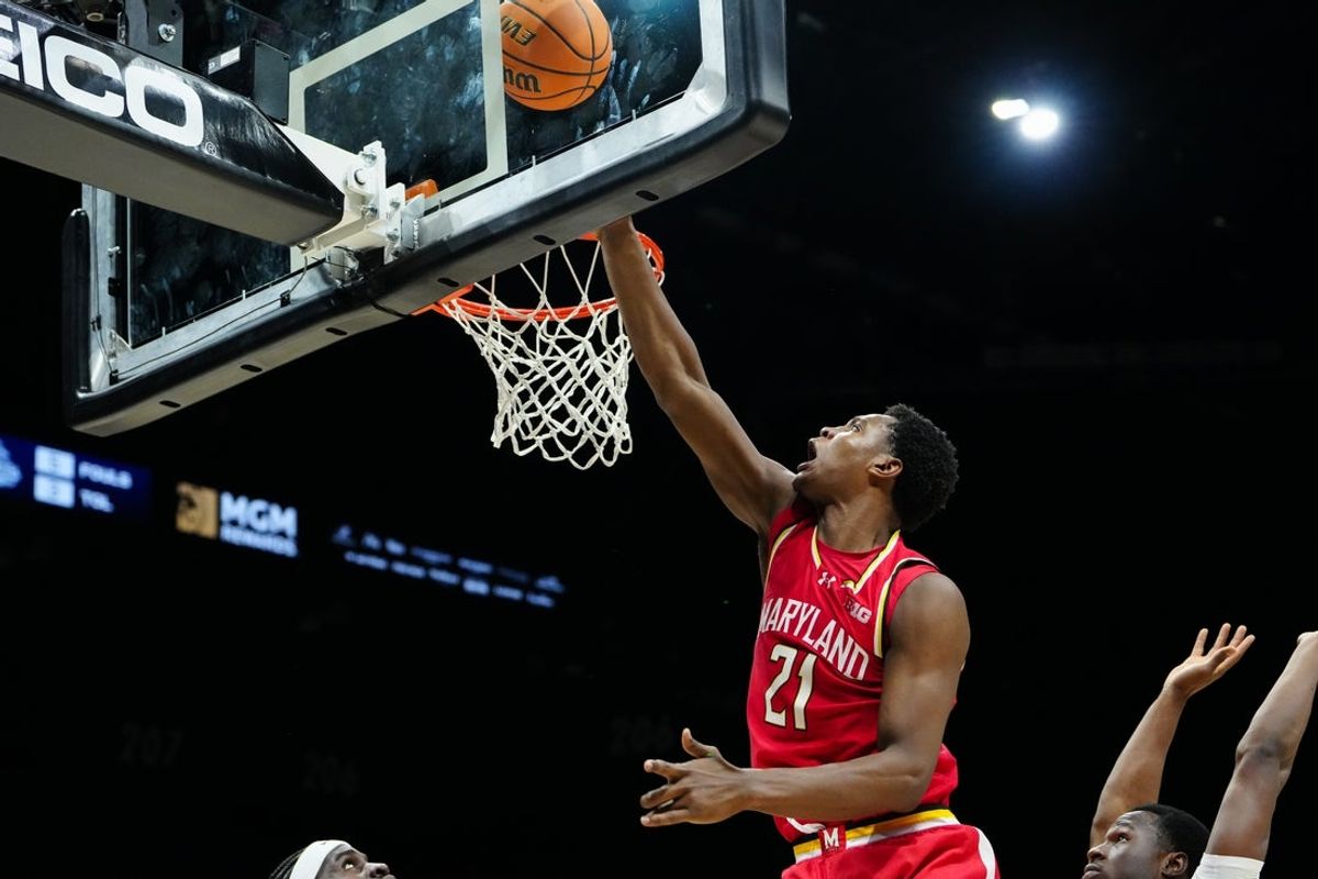 Nov 25, 2025; Las Vegas, NV, USA; Maryland Terrapins forward Pharrel Payne (21) shoots in the second half against Gonzaga Bulldogs in a 2025 Players Era Festival group play game at MGM Grand Garden Arena. Mandatory Credit: Stephen R. Sylvanie-Imagn Images