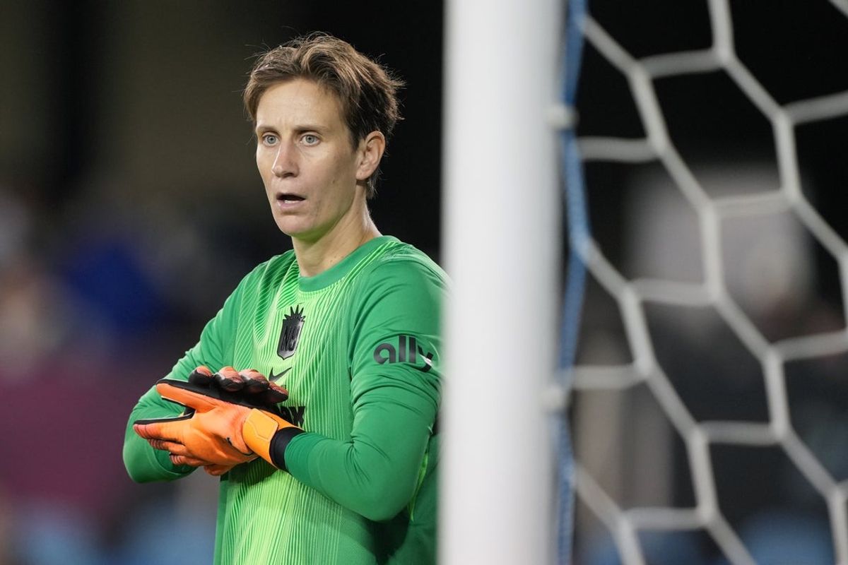 Nov 22, 2025; San Jose, California, USA; Gotham FC goalkeeper Ann-Katrin Berger (30) during the second half of the NWSL championship game against the Washington Spirit at PayPal Park. Mandatory Credit: Darren Yamashita-Imagn Images