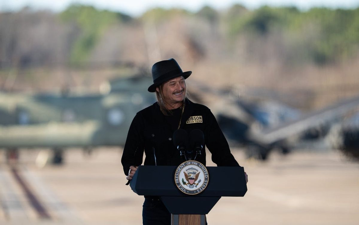 Kid Rock speaks ahead of Vice President J.D. Vance at Fort. Campbell Military Base in Fort Campbell, KY., on Wednesday, Nov. 26, 2025.