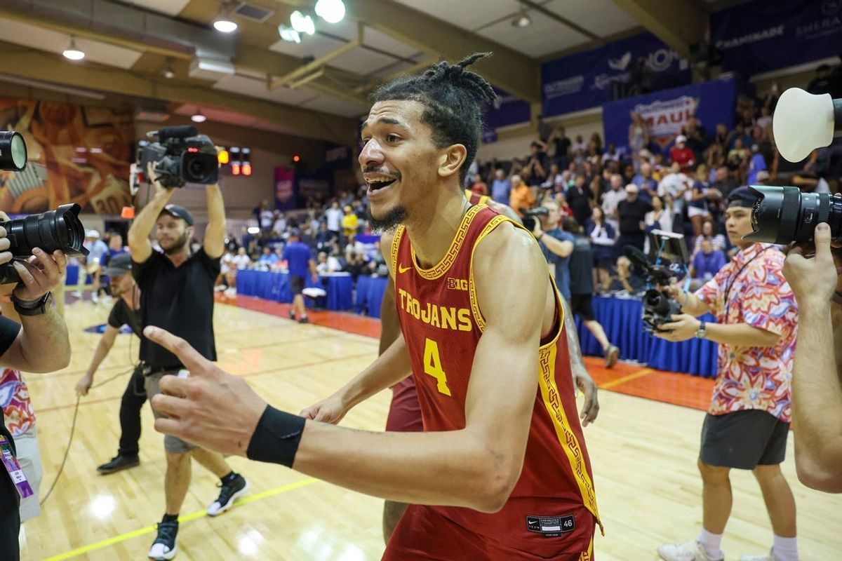 Nov 26, 2025; Lahaina, HI, USA;  USC Trojans guard Chad Baker-Mazara (4) reacts after the Trojans defeated the Arizona State Sun Devils in the championship match at Lahaina Civic Center. Mandatory Credit: Marco Garcia-Imagn Images