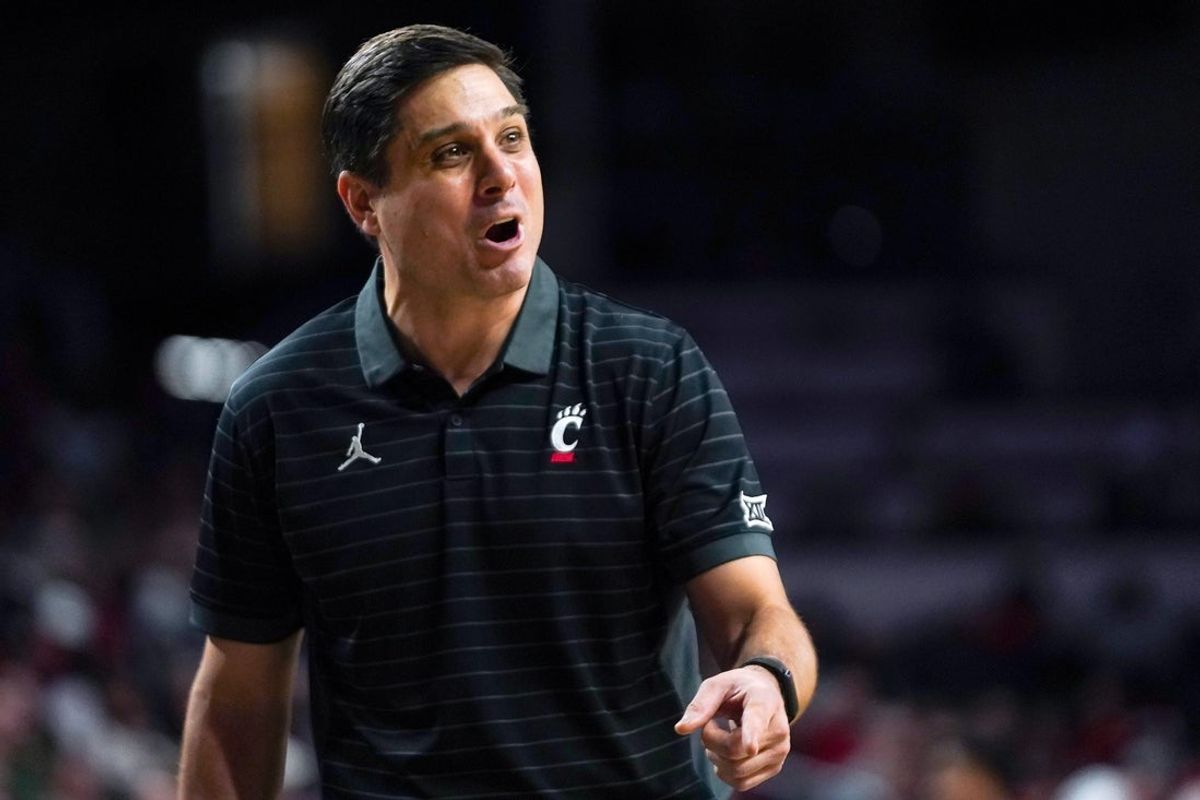 Cincinnati Bearcats head coach Wes Miller speaks out to a referee in the second half of a NCAA men’s basketball game between the Cincinnati Bearcats and Eastern Michigan Eagles, Wednesday, Nov. 26, 2025, at Fifth Third Arena in Cincinnati. Eagles won 64-56.
