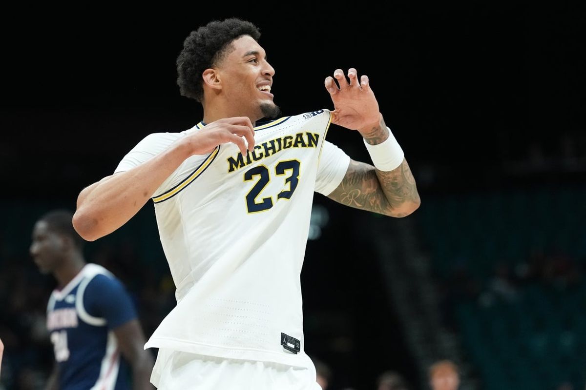 Nov 26, 2025; Las Vegas, NV, USA; Michigan Wolverines forward Yaxel Lendeborg (23) reacts in the second half against the Gonzaga Bulldogs in the 2025 Players Era Festival championship game at MGM Grand Garden Arena. Mandatory Credit: Kirby Lee-Imagn Images