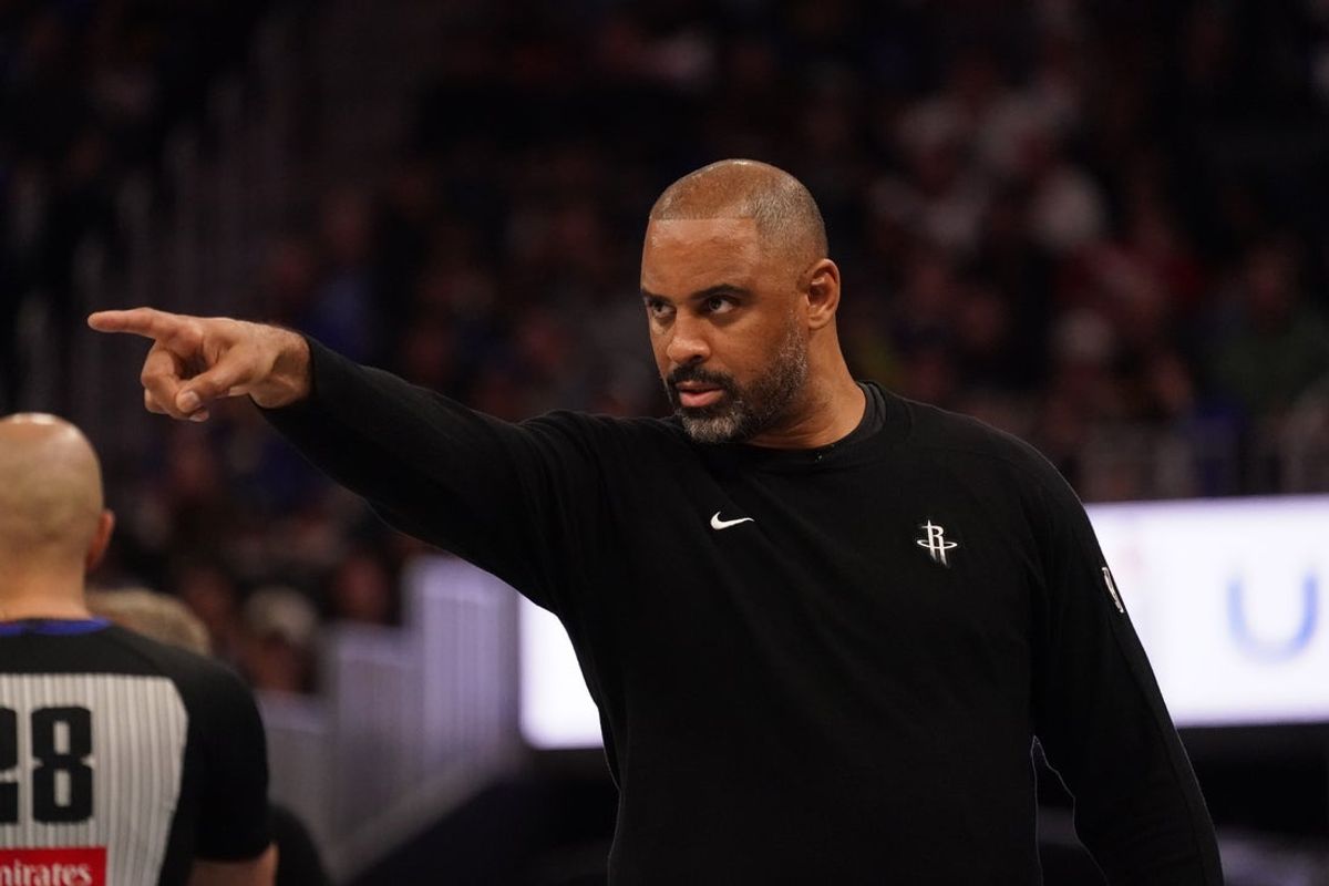 Nov 26, 2025; San Francisco, California, USA;  Houston Rockets head coach Ime Udoka directs his team against the Golden State Warriors in the third quarter at Chase Center. Mandatory Credit: David Gonzales-Imagn Images