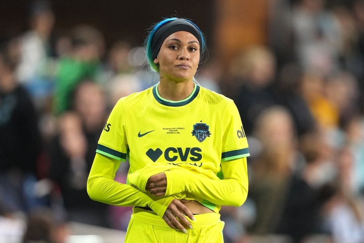 Nov 22, 2025; San Jose, California, USA; Washington Spirit forward Trinity Rodman (2) during the second half of the NWSL championship game against Gotham FC at PayPal Park. Mandatory Credit: Darren Yamashita-Imagn Images