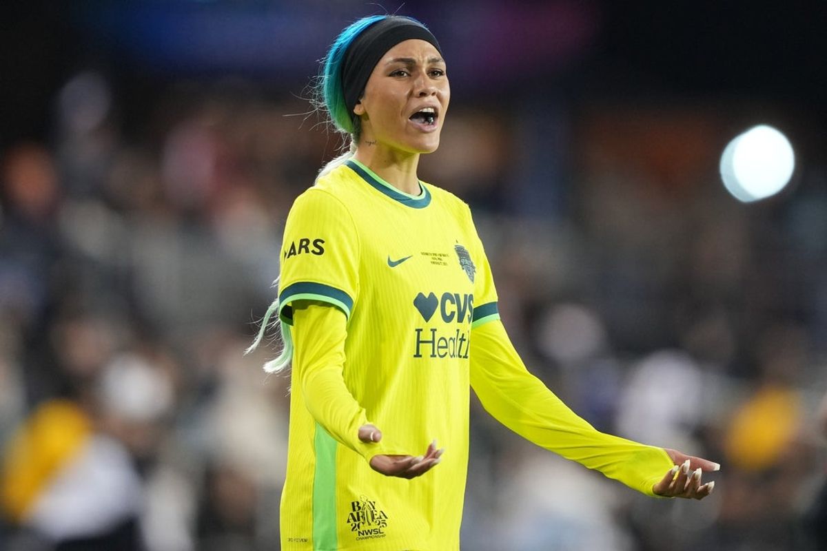 Nov 22, 2025; San Jose, California, USA; Washington Spirit forward Trinity Rodman (2) during the second half of the NWSL championship game against Gotham FC at PayPal Park. Mandatory Credit: Darren Yamashita-Imagn Images