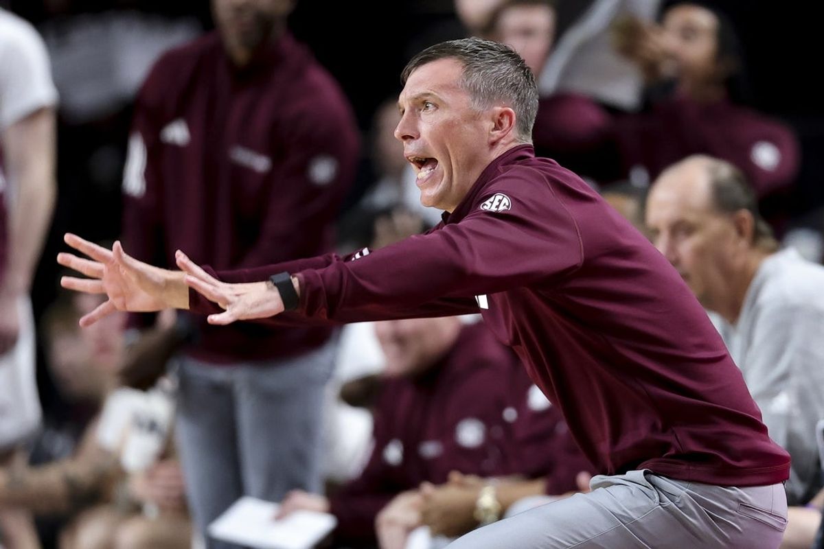Nov 25, 2025; College Station, Texas, USA; Texas A&M Aggies head coach Bucky McMillan reacts during the first half against the Mississippi Valley State Delta Devils at Reed Arena. Mandatory Credit: Maria Lysaker-Imagn Images