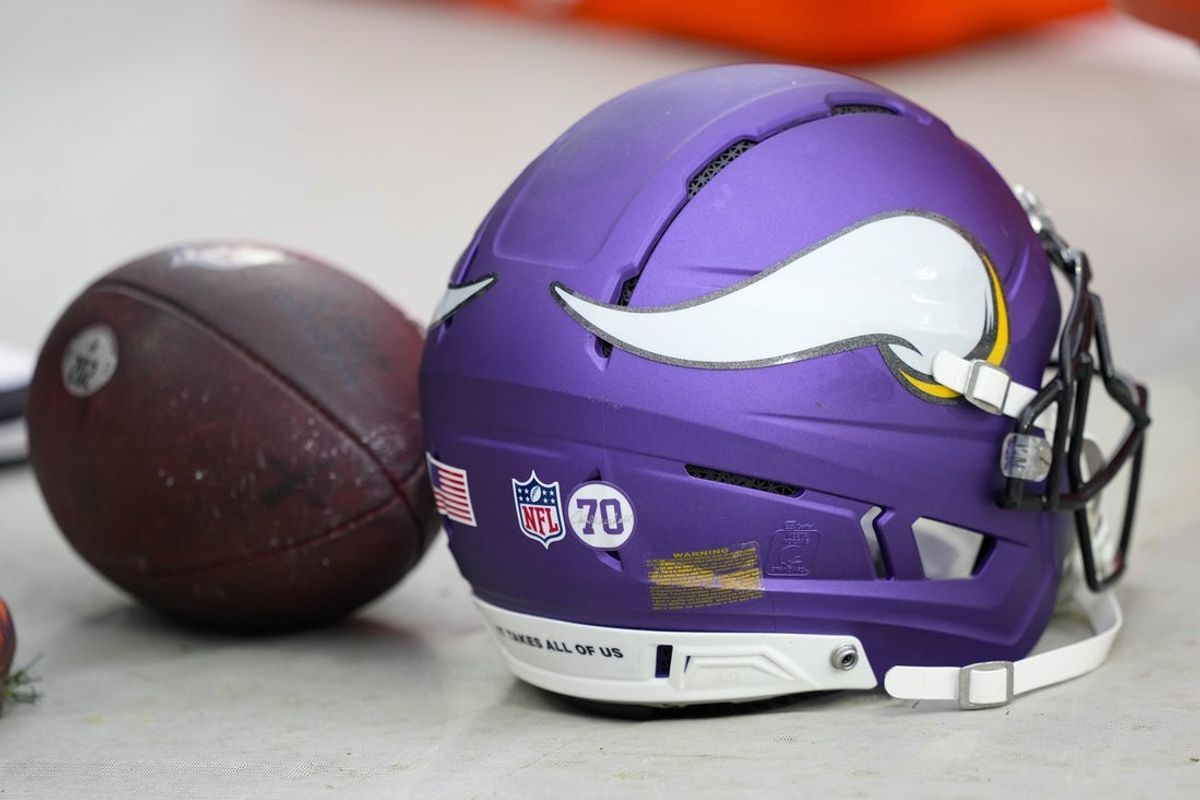 Nov 23, 2025; Green Bay, Wisconsin, USA;  General view of an Minnesota Vikings helmet during the warmups prior to the game against the Green Bay Packers at Lambeau Field. Mandatory Credit: Jeff Hanisch-Imagn Images