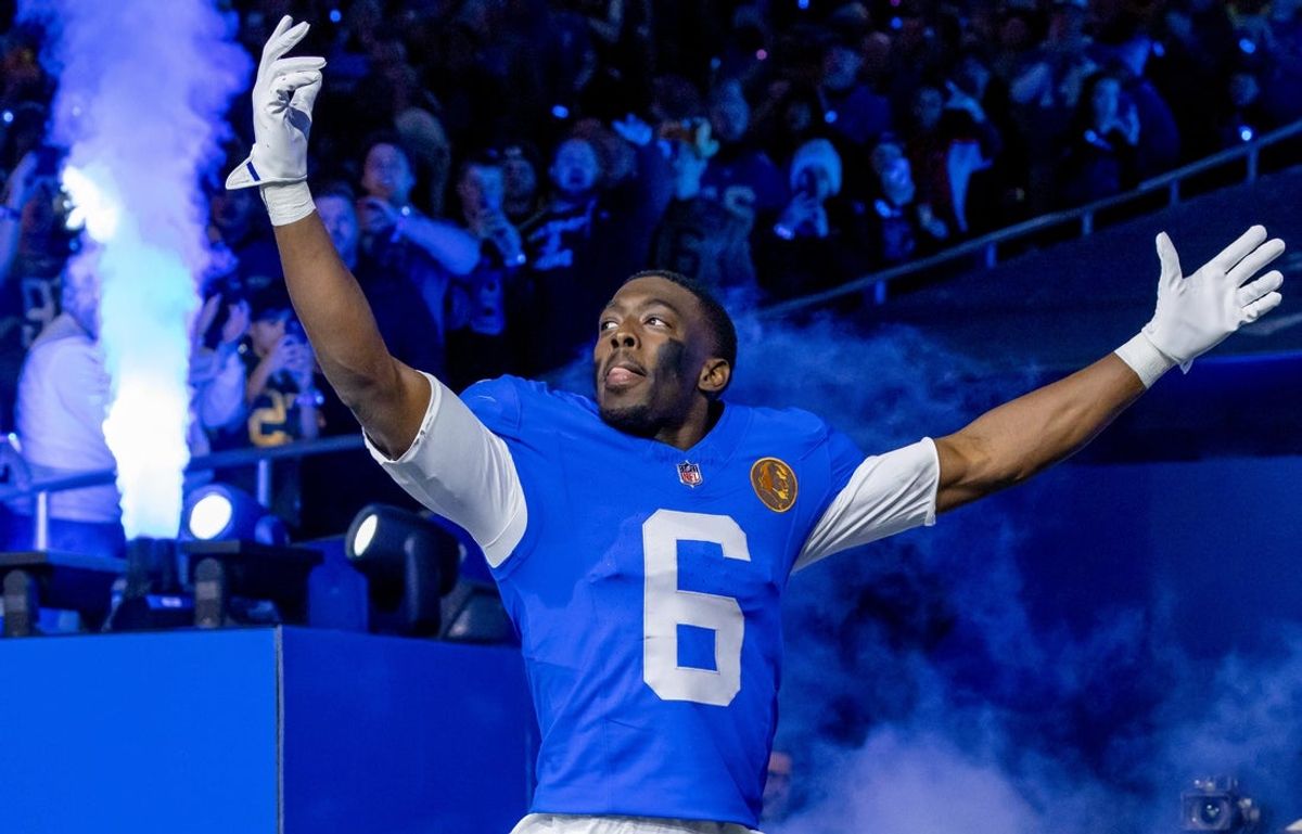 Nov 27, 2025; Detroit, Michigan, USA; Detroit Lions cornerback Terrion Arnold (6) runs onto the field prior to the game against the Green Bay Packers at Ford Field. Mandatory Credit: David Reginek-Imagn Images
