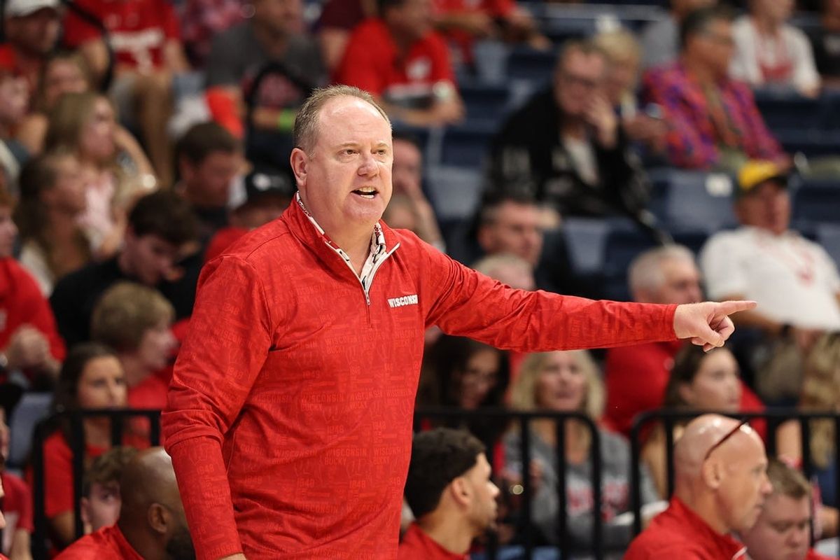 Nov 27, 2025; San Diego, CA, USA; Wisconsin Badgers head coach Greg Gard reacts against the Providence Friars during the first half  at Jenny Craig Pavilion. Mandatory Credit: Abe Arredondo-Imagn Images