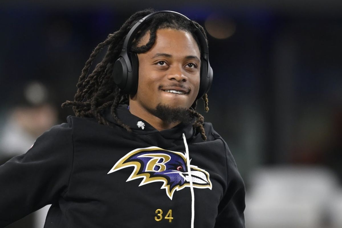 Nov 27, 2025; Baltimore, Maryland, USA; Baltimore Ravens running back Keaton Mitchell (34) before the game at M&T Bank Stadium. Mandatory Credit: Tommy Gilligan-Imagn Images