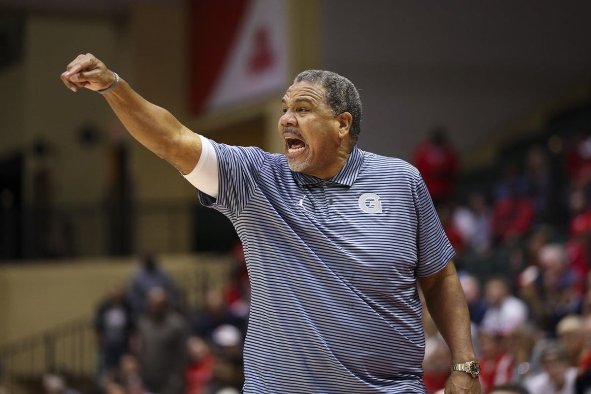 Nov 27, 2025; Kissimmee, Florida, USA; Georgetown Hoyas head coach Ed Cooley reacts after a call against the Dayton Flyers in the second half at State Farm Field House. Mandatory Credit: Nathan Ray Seebeck-Imagn Images
