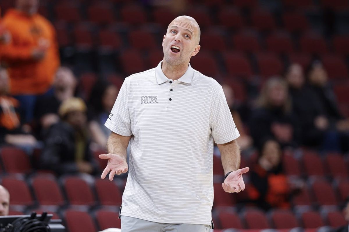 Nov 27, 2025; Chicago, Illinois, USA; Oklahoma State Cowboys head coach Steve Lutz reacts during the second half at United Center. Mandatory Credit: Kamil Krzaczynski-Imagn Images