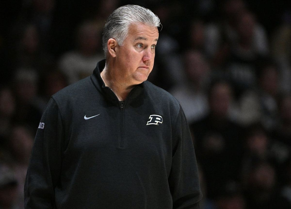Nov 28, 2025; West Lafayette, Indiana, USA; Purdue Boilermakers head coach Matt Painter watches the game from the bench during the first half against the Eastern Illinois Panthers at Mackey Arena. Mandatory Credit: Marc Lebryk-Imagn Images