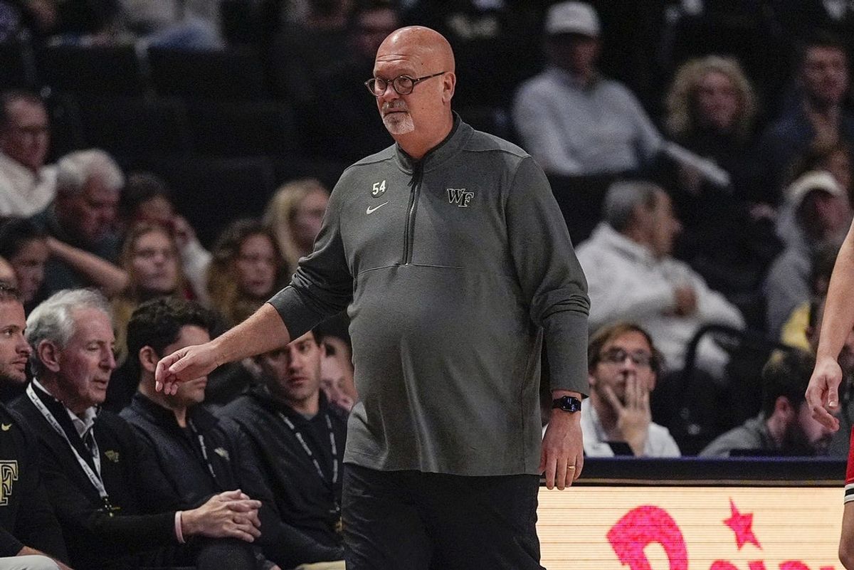 Nov 28, 2025; Winston-Salem, North Carolina, USA; Wake Forest Demon Deacons head coach Steve Forbes during the second half against the Northeastern Huskies at Lawrence Joel Veterans Memorial Coliseum. Mandatory Credit: Jim Dedmon-Imagn Images