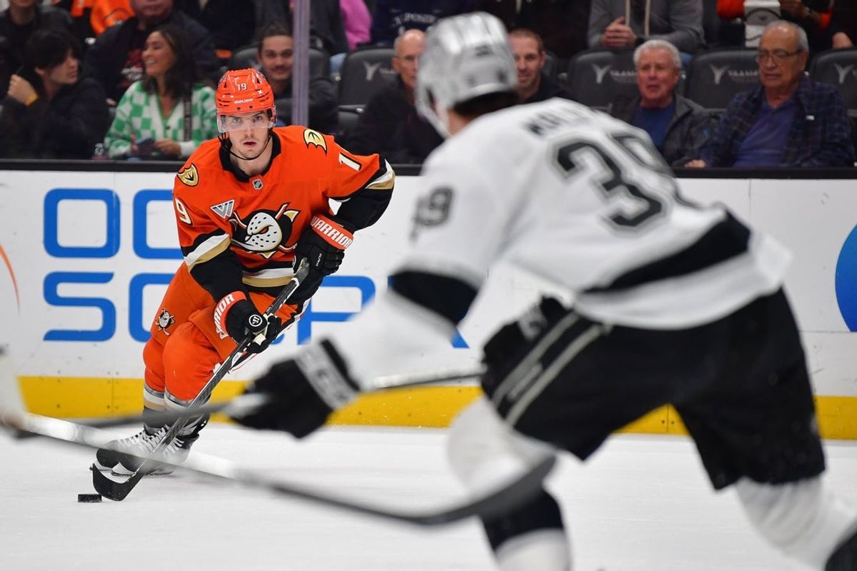 Nov 28, 2025; Anaheim, California, USA; Anaheim Ducks right wing Troy Terry (19) controls the puck against Los Angeles Kings left wing Jeff Malott (39) during the second period at Honda Center. Mandatory Credit: Gary A. Vasquez-Imagn Images