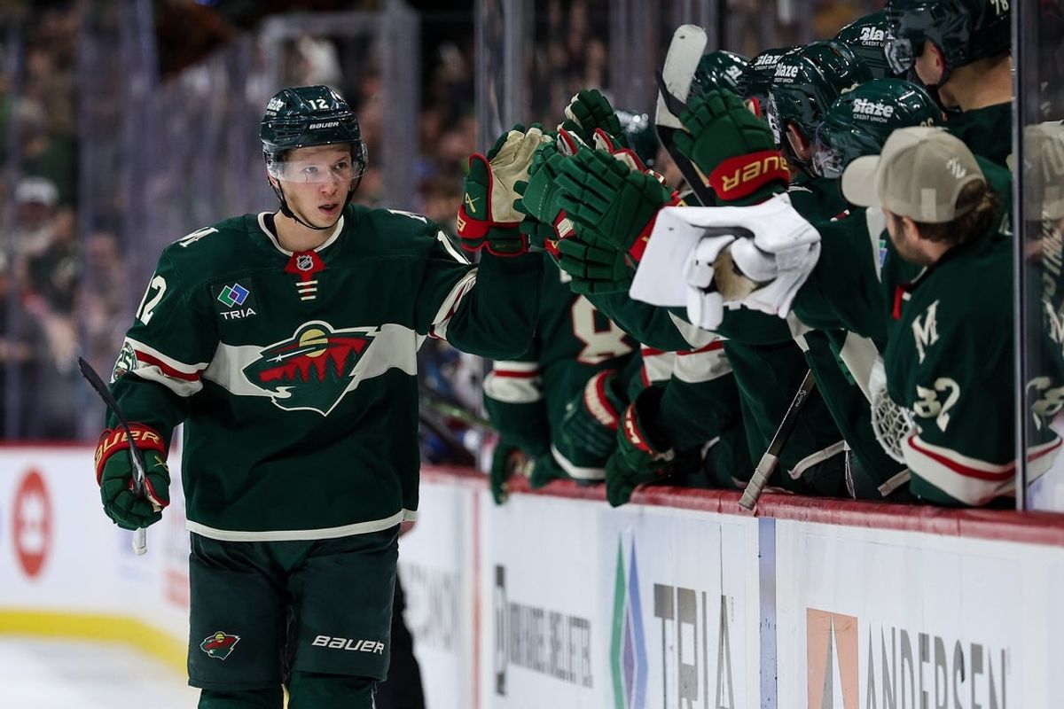 Nov 28, 2025; Saint Paul, Minnesota, USA; Minnesota Wild left wing Matt Boldy (12) celebrates during a shootout against the Colorado Avalanche at Grand Casino Arena. Mandatory Credit: Matt Krohn-Imagn Images
