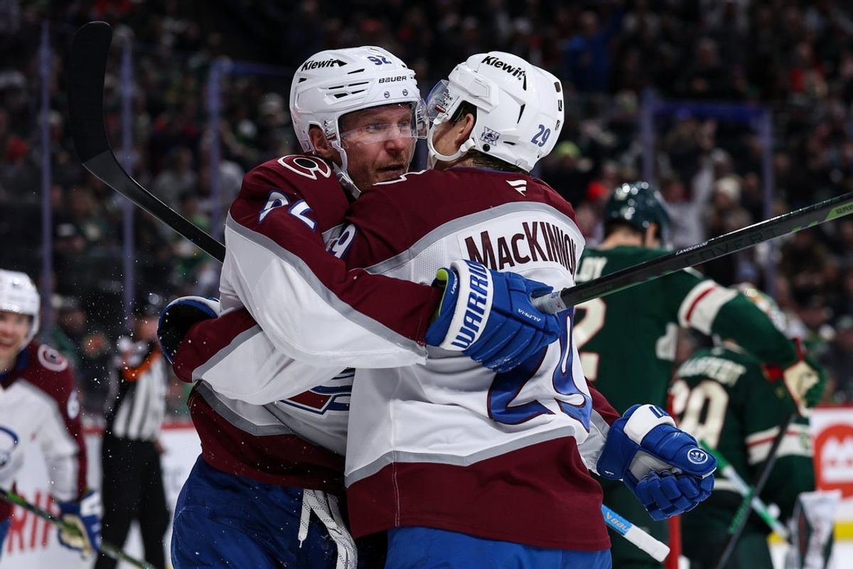 Nov 28, 2025; Saint Paul, Minnesota, USA; Colorado Avalanche left wing Gabriel Landeskog (92) celebrates his goal against the Minnesota Wild during the third period at Grand Casino Arena. Mandatory Credit: Matt Krohn-Imagn Images