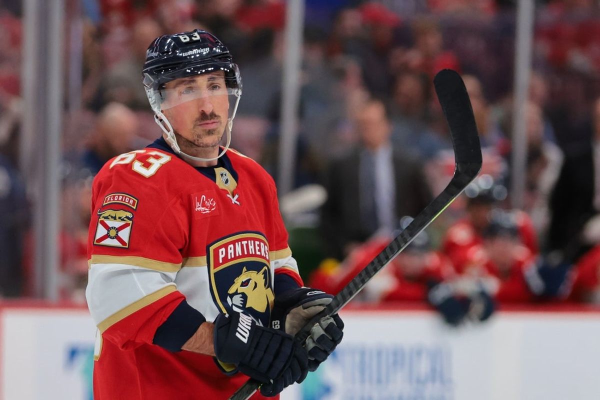 Nov 28, 2025; Sunrise, Florida, USA; Florida Panthers left wing Brad Marchand (63) looks on against the Calgary Flames during the third period at Amerant Bank Arena. Mandatory Credit: Sam Navarro-Imagn Images