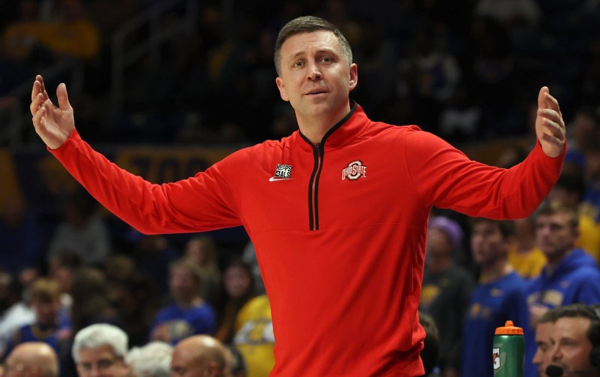 Nov 28, 2025; Pittsburgh, Pennsylvania, USA;  Ohio State Buckeyes head coach Jake Diebler reacts on the sidelines against the Pittsburgh Panthers during the first half at the Petersen Events Center. Mandatory Credit: Charles LeClaire-Imagn Images