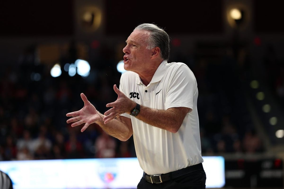 Nov 28, 2025; San Diego, CA, USA; Texas Christian University Horned Frogs head coach Jamie Dixon reacts against the Wisconsin Badgers during the second half at Jenny Craig Pavilion. Mandatory Credit: Abe Arredondo-Imagn Images