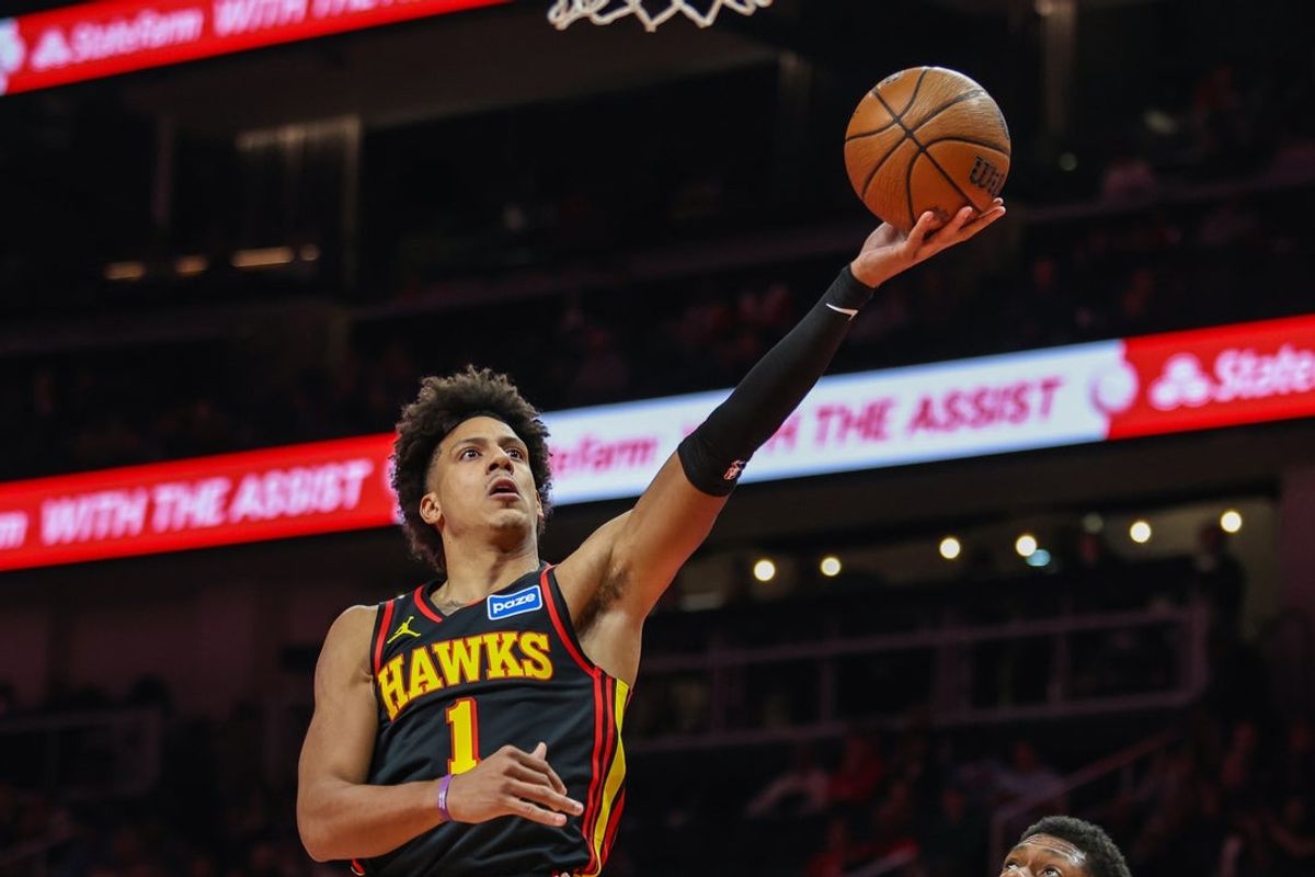 Nov 28, 2025; Atlanta, Georgia, USA; Atlanta Hawks forward Jalen Johnson (1) attempts a shot against the Cleveland Cavaliers during the first quarter at State Farm Arena. Mandatory Credit: Jordan Godfree-Imagn Images