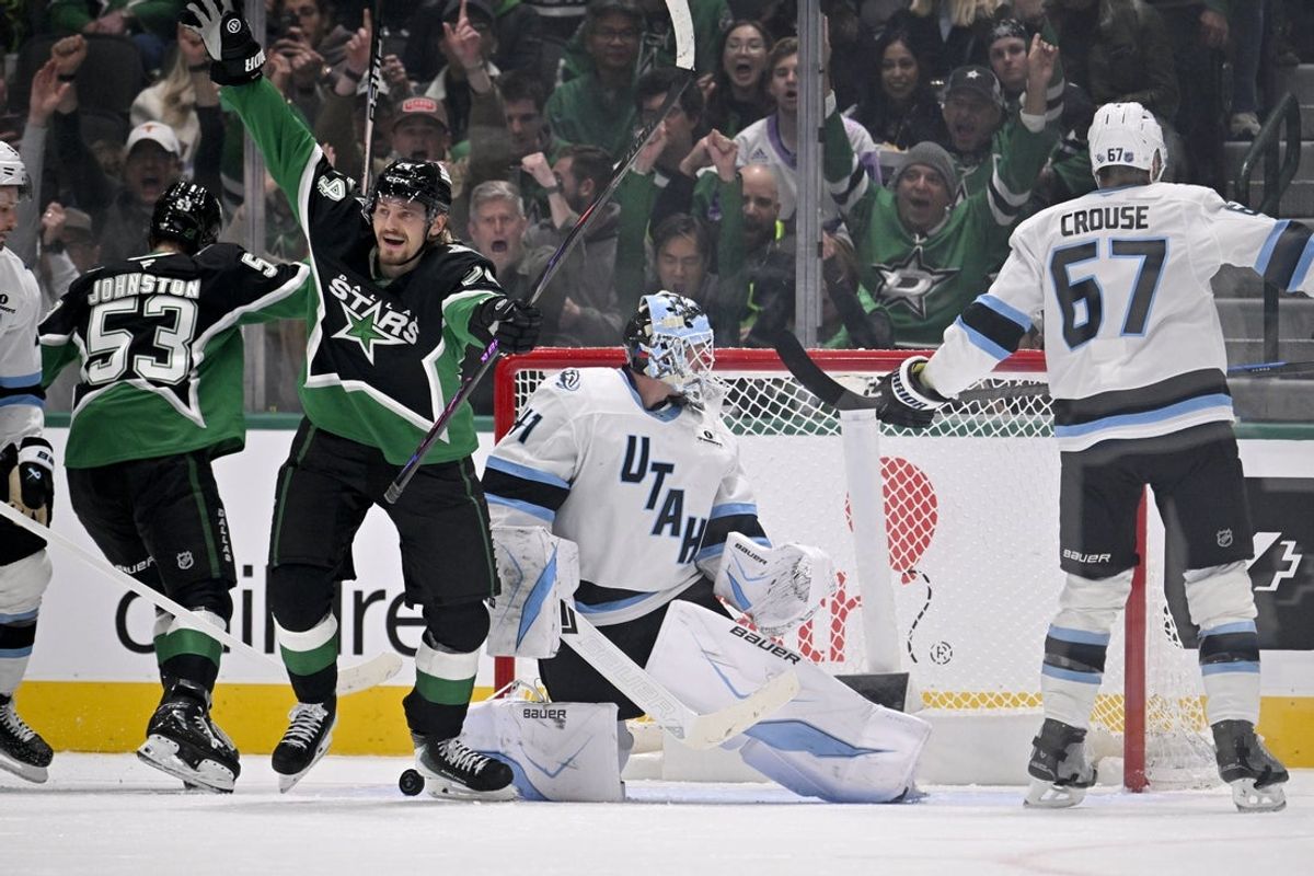 Nov 28, 2025; Dallas, Texas, USA; Dallas Stars center Roope Hintz (24) celebrates after he scores a power play goal past Utah Mammoth goaltender Vitek Vanecek (41) during the first period at the American Airlines Center. Mandatory Credit: Jerome Miron-Imagn Images