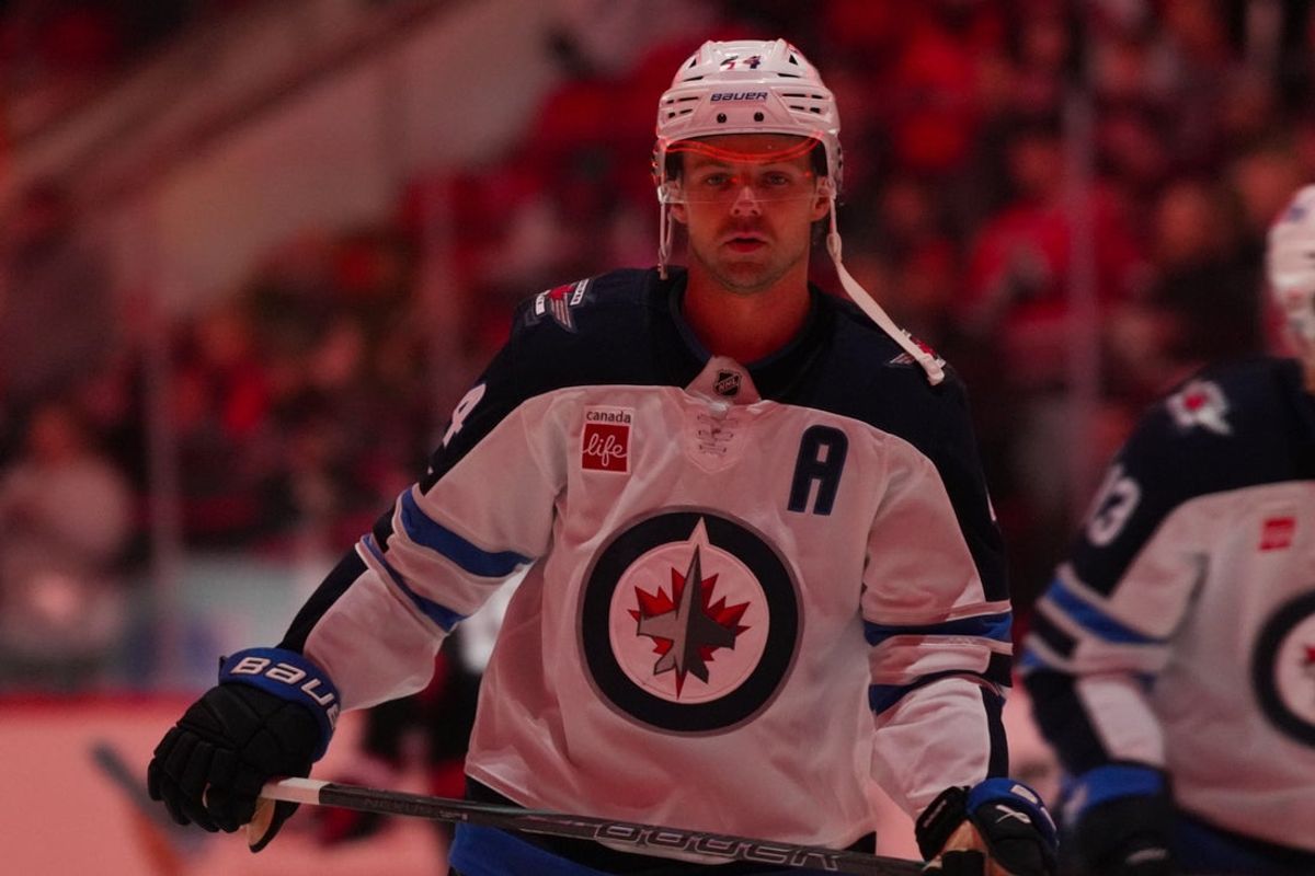 Nov 28, 2025; Raleigh, North Carolina, USA;  Winnipeg Jets defenseman Josh Morrissey (44) skates before the start of the game against the Carolina Hurricanes at Lenovo Center. Mandatory Credit: James Guillory-Imagn Images
