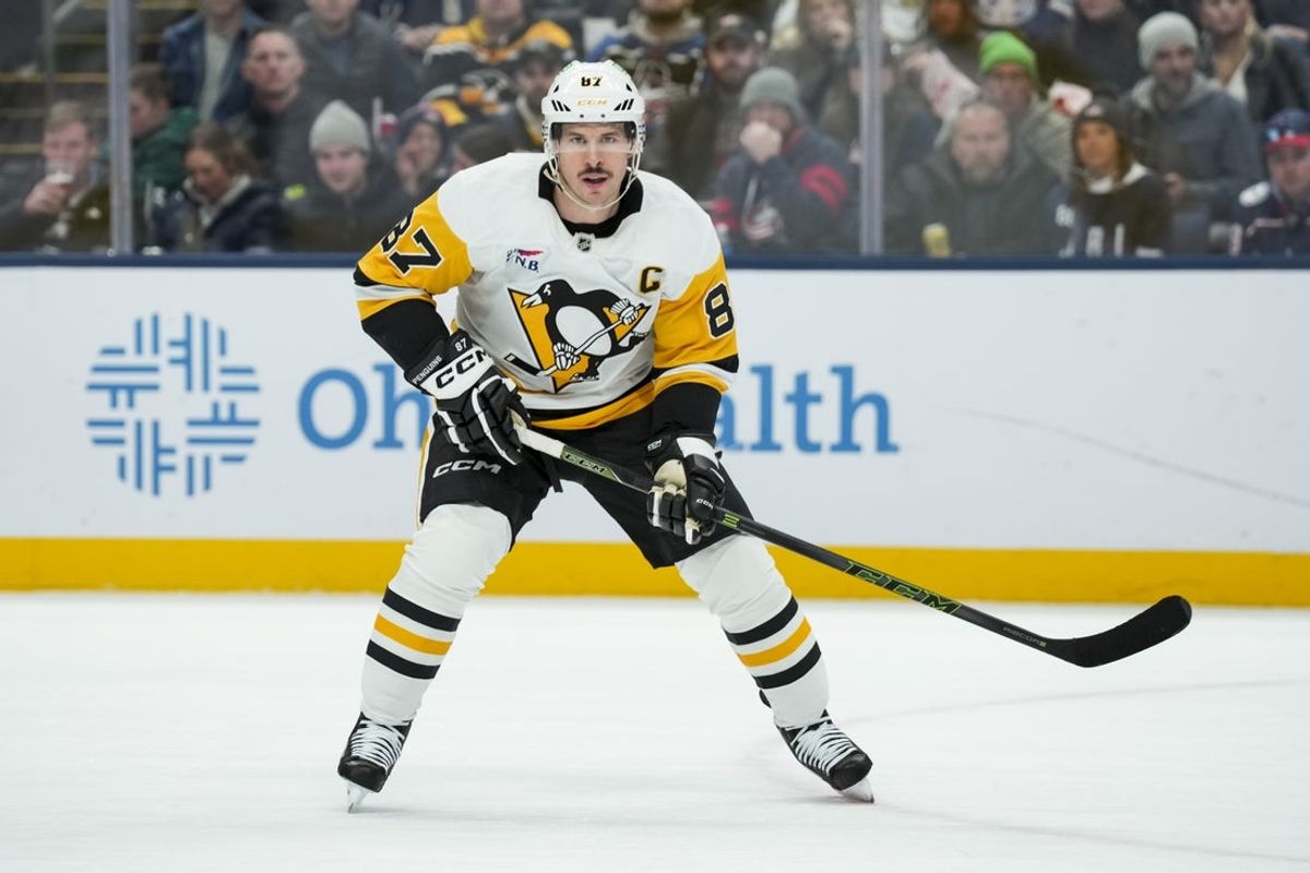 Nov 28, 2025; Columbus, Ohio, USA;  Pittsburgh Penguins center Sidney Crosby (87) skates against the Columbus Blue Jackets in the third period at Nationwide Arena. Mandatory Credit: Aaron Doster-Imagn Images