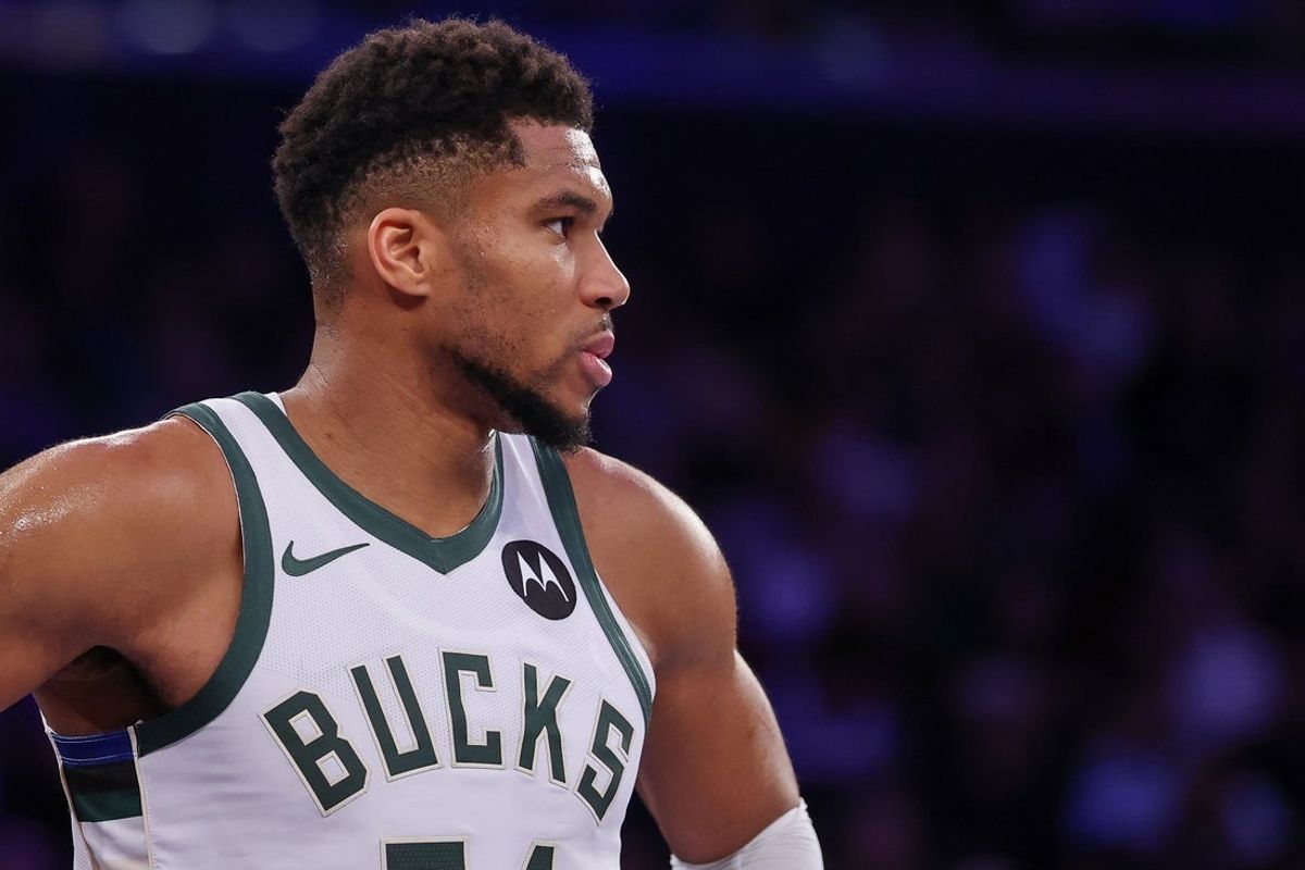 Nov 28, 2025; New York, New York, USA; Milwaukee Bucks forward Giannis Antetokounmpo (34) looks back during the second half against the New York Knicks at Madison Square Garden. Mandatory Credit: Vincent Carchietta-Imagn Images