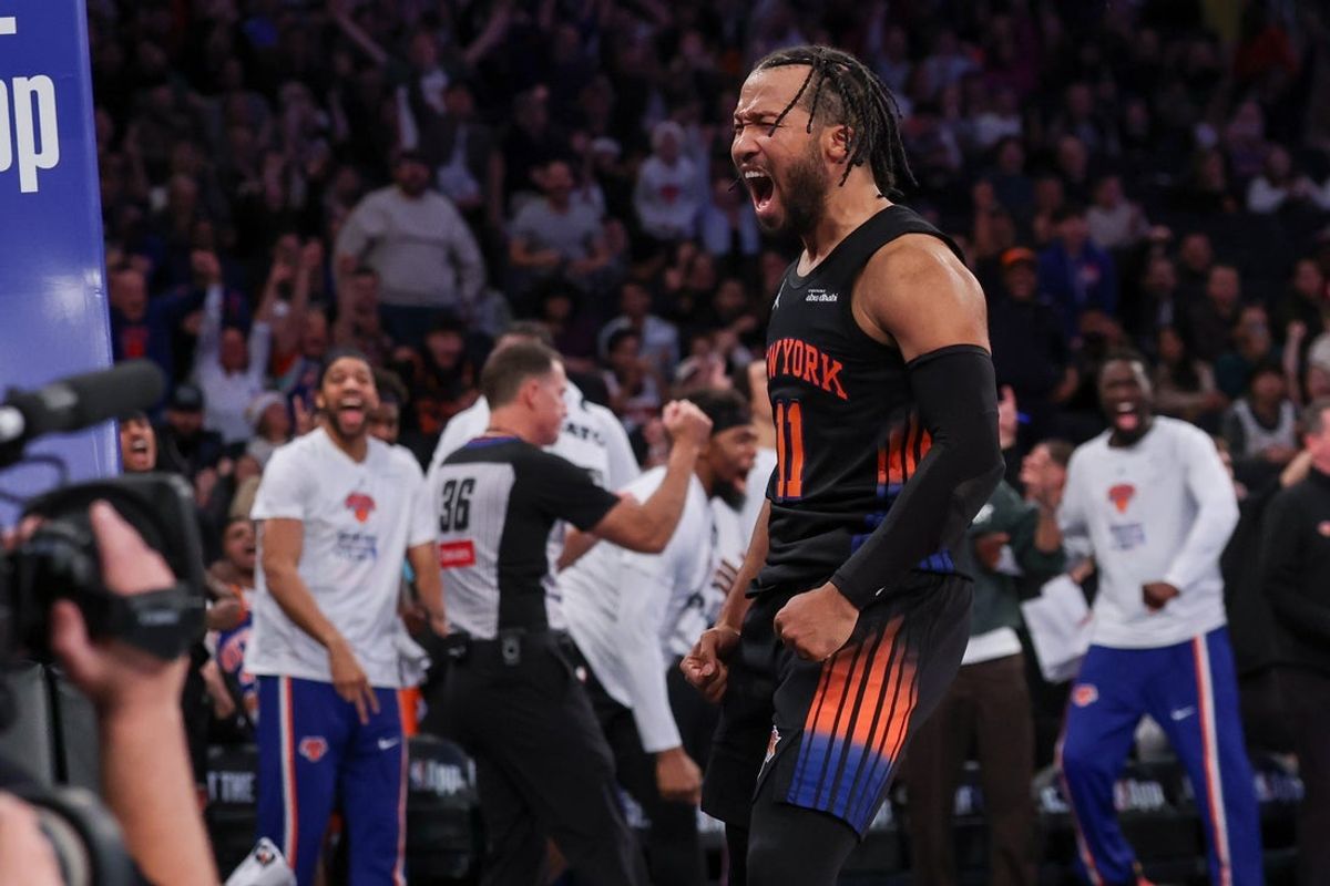Nov 28, 2025; New York, New York, USA;  New York Knicks guard Jalen Brunson (11) reacts after making a basket during the second half against the Milwaukee Bucks at Madison Square Garden. Mandatory Credit: Vincent Carchietta-Imagn Images
