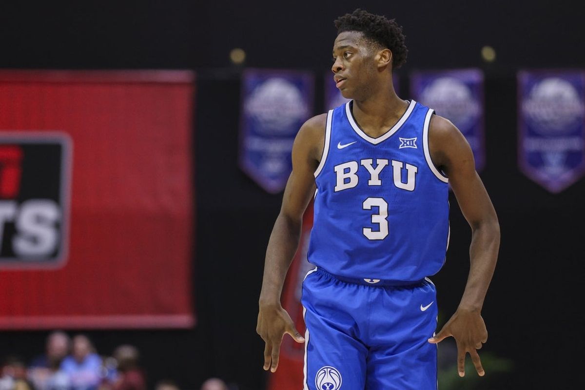 Nov 28, 2025; Kissimmee, FL, USA; Brigham Young University Cougars forward AJ Dybantsa (3) reacts after making a three point basket against the Dayton Flyers in the second half during the ESPN Events Invitational at State Farm Field House. Mandatory Credit: Nathan Ray Seebeck-Imagn Images