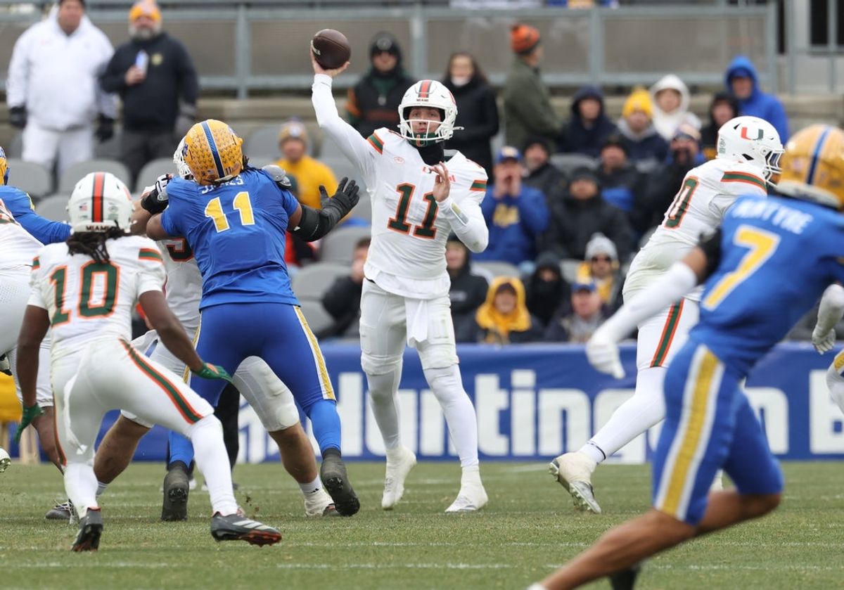 Nov 29, 2025; Pittsburgh, Pennsylvania, USA;  Miami Hurricanes quarterback Carson Beck (11) passes the ball against the Pittsburgh Panthers during the second quarter at Acrisure Stadium. Mandatory Credit: Charles LeClaire-Imagn Images